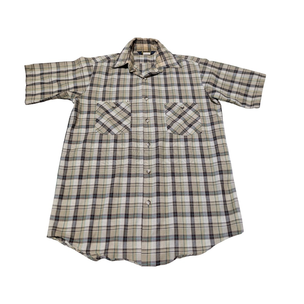 OshKosh Bgosh Shirt Mens Medium Tan Plaid Short Sleeve Button Down Workwear Vtg
